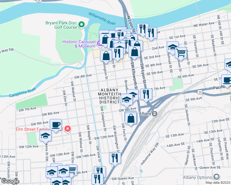 map of restaurants, bars, coffee shops, grocery stores, and more near 628 Southwest Ferry Street in Albany