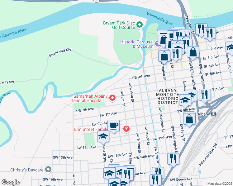 map of restaurants, bars, coffee shops, grocery stores, and more near 516 Southwest Elm Street in Albany
