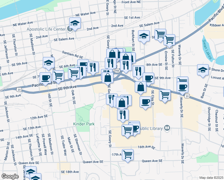 map of restaurants, bars, coffee shops, grocery stores, and more near 941 Southeast Geary Street in Albany
