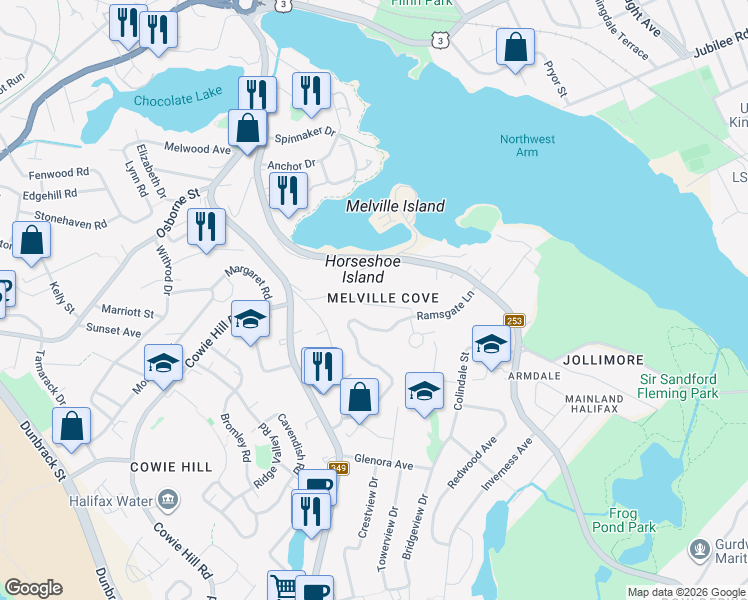 map of restaurants, bars, coffee shops, grocery stores, and more near 26 Melville Avenue in Halifax