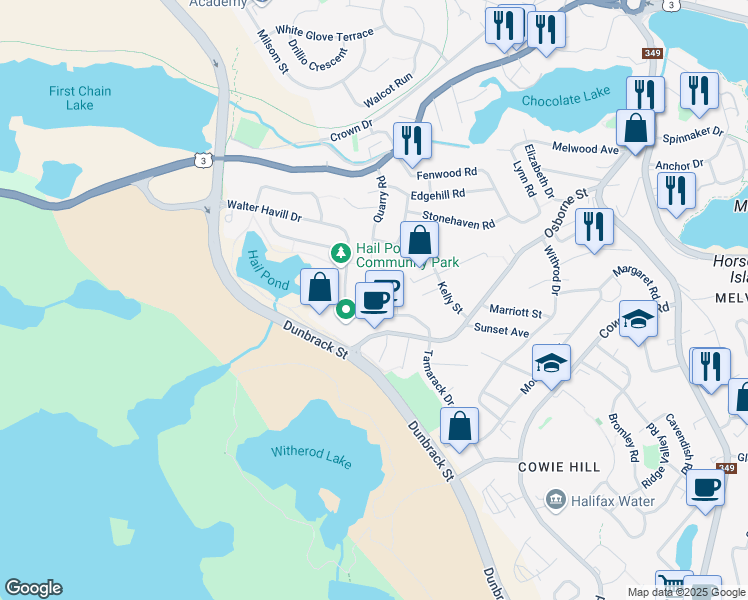 map of restaurants, bars, coffee shops, grocery stores, and more near 42 Ridgestone Court in Halifax
