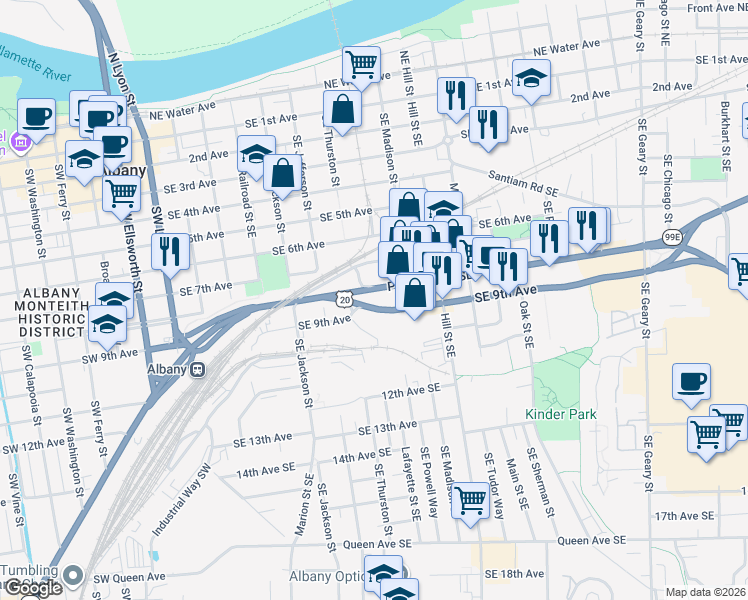 map of restaurants, bars, coffee shops, grocery stores, and more near 820 Oregon 22 in Albany