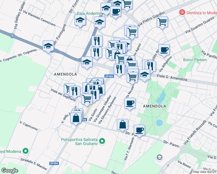 map of restaurants, bars, coffee shops, grocery stores, and more near 214 Via Giotto in Modena
