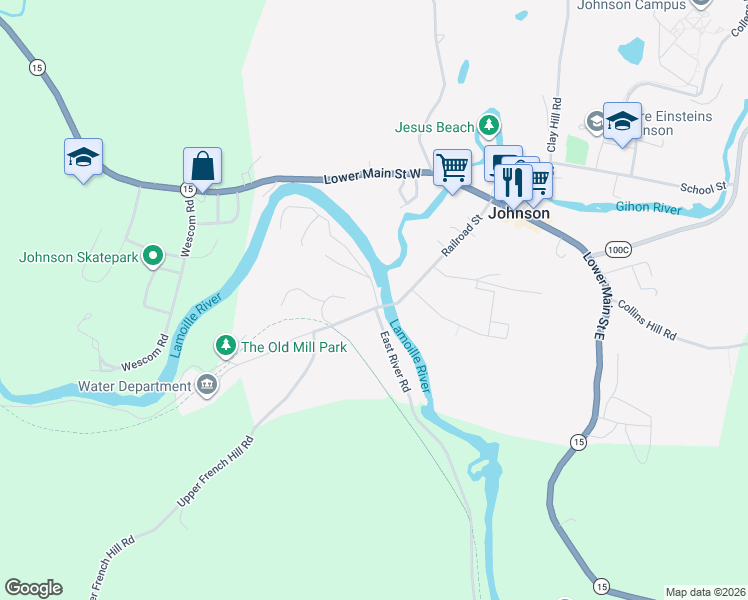 map of restaurants, bars, coffee shops, grocery stores, and more near 21 River Road West in Johnson