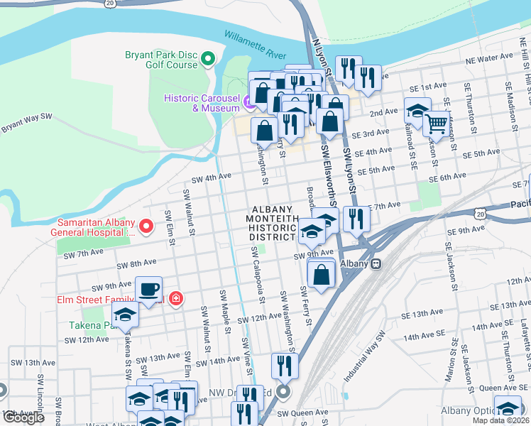 map of restaurants, bars, coffee shops, grocery stores, and more near 618 Southwest Washington Street in Albany