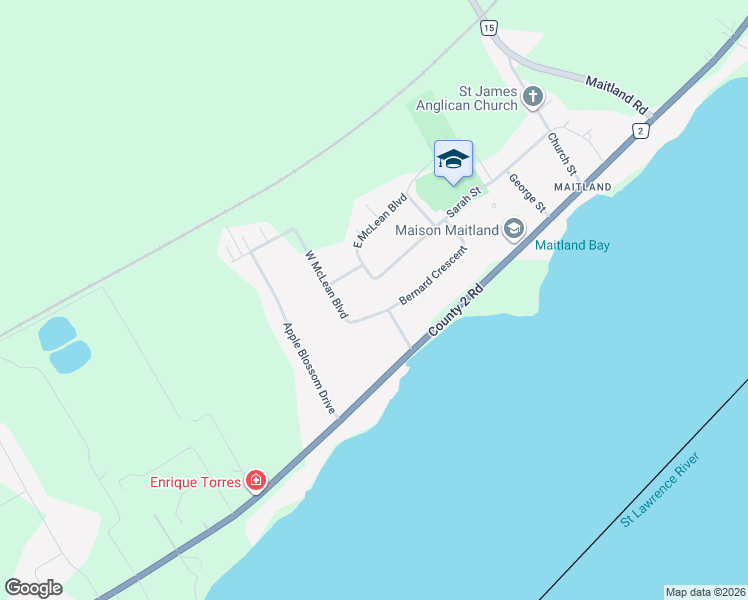 map of restaurants, bars, coffee shops, grocery stores, and more near 2 West McLean Boulevard in Brockville