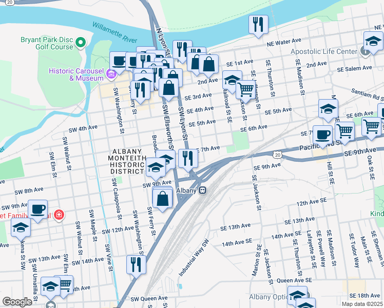 map of restaurants, bars, coffee shops, grocery stores, and more near 705 Lyon Street in Albany