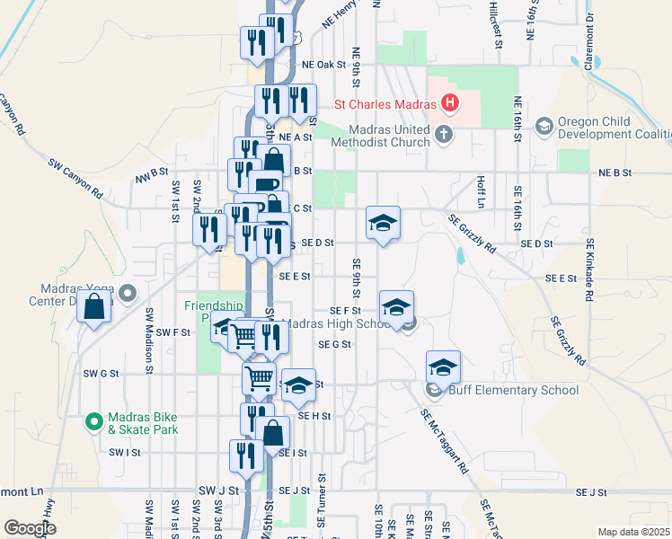 map of restaurants, bars, coffee shops, grocery stores, and more near 166 Southeast E Street in Madras