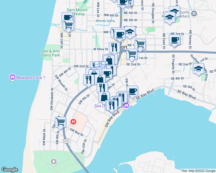 map of restaurants, bars, coffee shops, grocery stores, and more near 1008 Southwest Lee Street in Newport