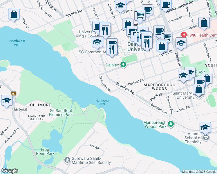 map of restaurants, bars, coffee shops, grocery stores, and more near 1129 Rockcliffe Street in Halifax