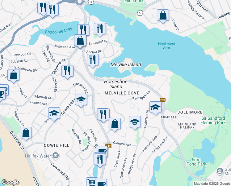 map of restaurants, bars, coffee shops, grocery stores, and more near 26 Melville Avenue in Halifax