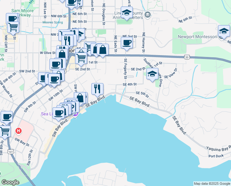map of restaurants, bars, coffee shops, grocery stores, and more near 310 Southeast Bay Boulevard in Newport