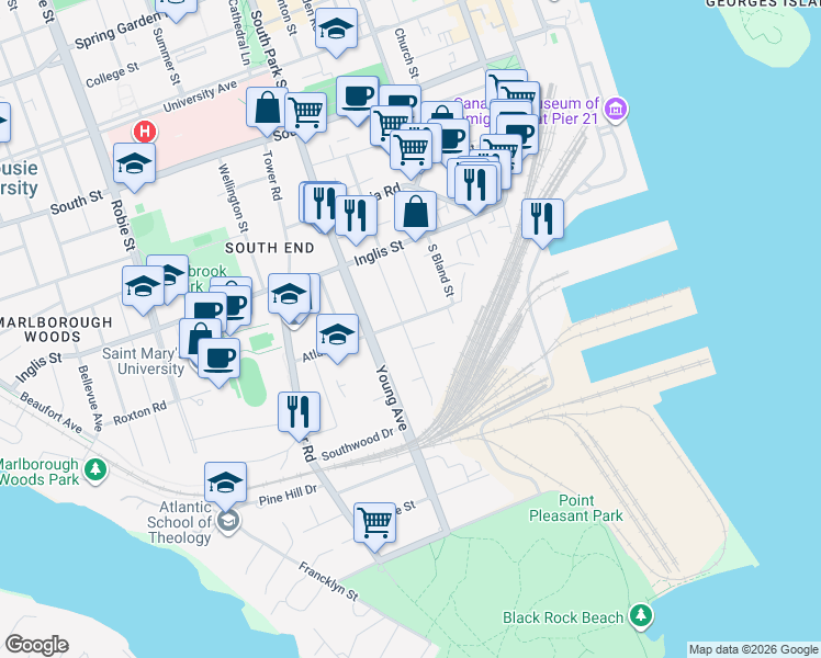 map of restaurants, bars, coffee shops, grocery stores, and more near 5556 Atlantic Street in Halifax