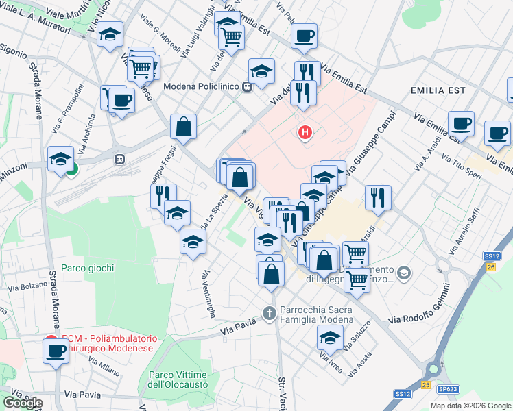 map of restaurants, bars, coffee shops, grocery stores, and more near 512-526 Via Vignolese in Modena