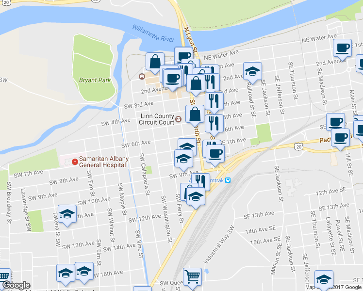 map of restaurants, bars, coffee shops, grocery stores, and more near 624 Southwest Broadalbin Street in Albany