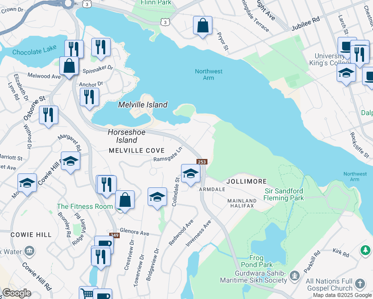 map of restaurants, bars, coffee shops, grocery stores, and more near 1401 Purcells Cove Road in Halifax