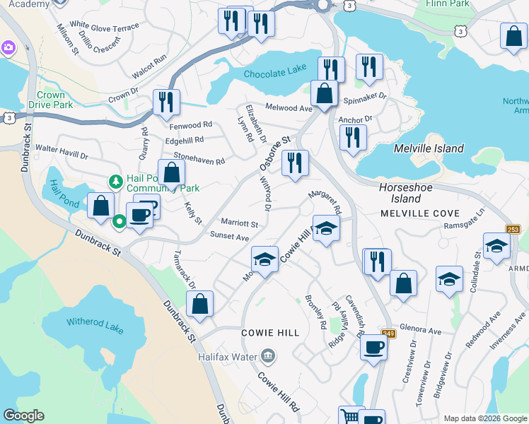 map of restaurants, bars, coffee shops, grocery stores, and more near 45 Withrod Drive in Halifax