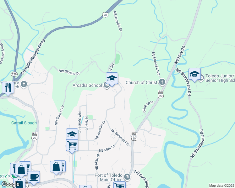 map of restaurants, bars, coffee shops, grocery stores, and more near 1696 NE Arcadia Dr in Toledo