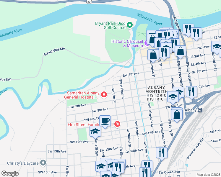 map of restaurants, bars, coffee shops, grocery stores, and more near 516 Southwest Elm Street in Albany