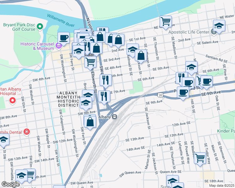 map of restaurants, bars, coffee shops, grocery stores, and more near 208 Southeast 7th Avenue in Albany