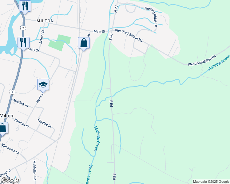 map of restaurants, bars, coffee shops, grocery stores, and more near 94 East Road in Milton