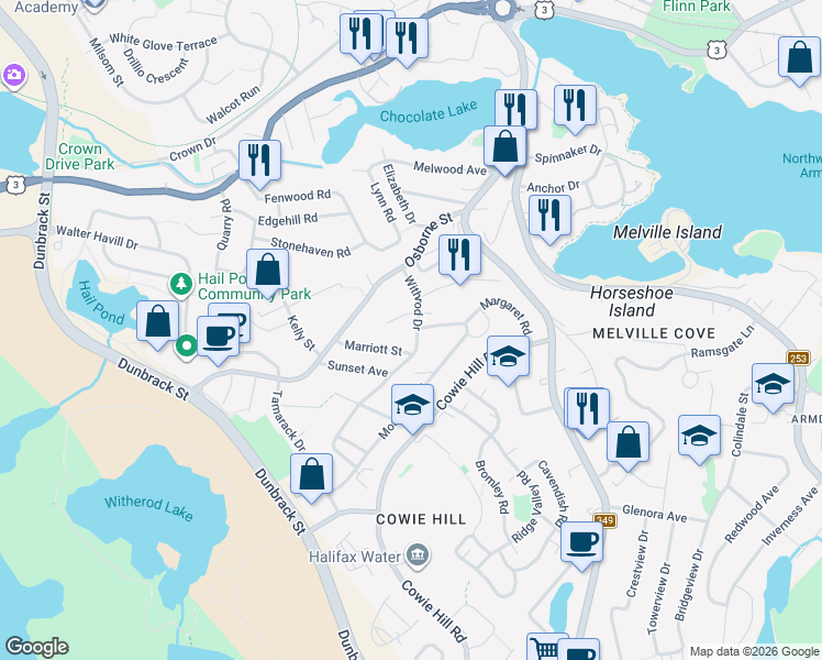 map of restaurants, bars, coffee shops, grocery stores, and more near 45 Withrod Drive in Halifax