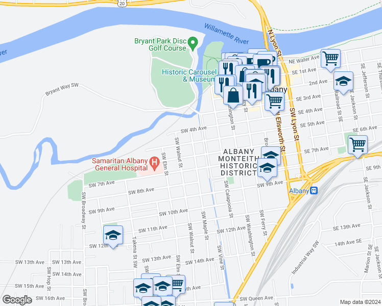 map of restaurants, bars, coffee shops, grocery stores, and more near 540 Southwest Maple Street in Albany