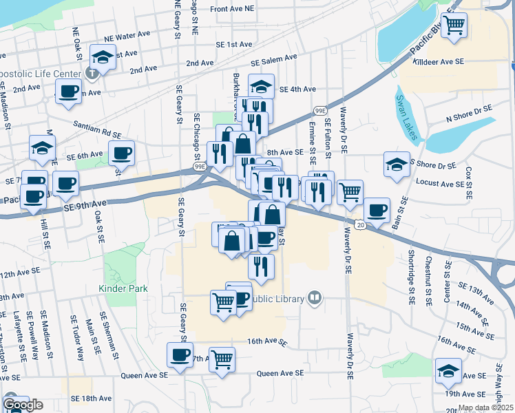 map of restaurants, bars, coffee shops, grocery stores, and more near 2206 Santiam Highway Southeast in Albany