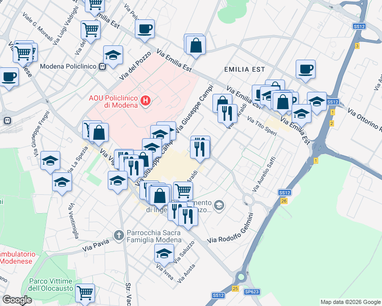 map of restaurants, bars, coffee shops, grocery stores, and more near 24 Via Ennio Carando in Modena
