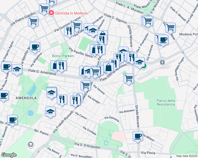 map of restaurants, bars, coffee shops, grocery stores, and more near 6 Viale Don G. Minzoni in Modena