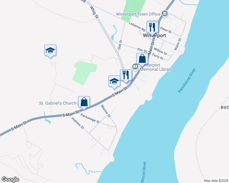 map of restaurants, bars, coffee shops, grocery stores, and more near 319 South Main Street in Winterport