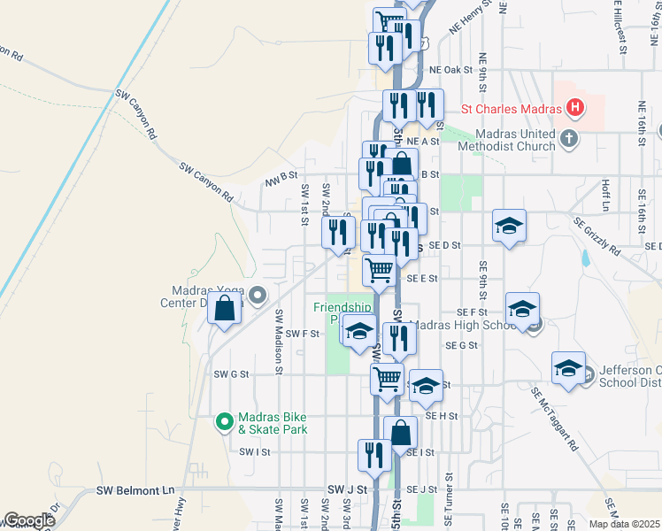 map of restaurants, bars, coffee shops, grocery stores, and more near in Madras