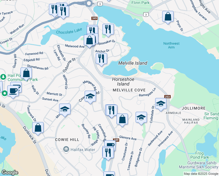 map of restaurants, bars, coffee shops, grocery stores, and more near 1 Winchester Avenue in Halifax