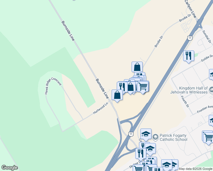 map of restaurants, bars, coffee shops, grocery stores, and more near 4337 Burnside Line in Orillia