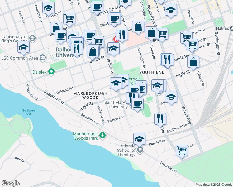 map of restaurants, bars, coffee shops, grocery stores, and more near 6009 Inglis Street in Halifax