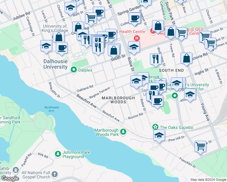 map of restaurants, bars, coffee shops, grocery stores, and more near 1050 Bellevue Avenue in Halifax