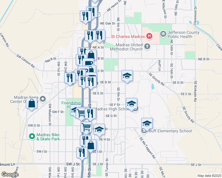 map of restaurants, bars, coffee shops, grocery stores, and more near 220 Southeast 8th Street in Madras