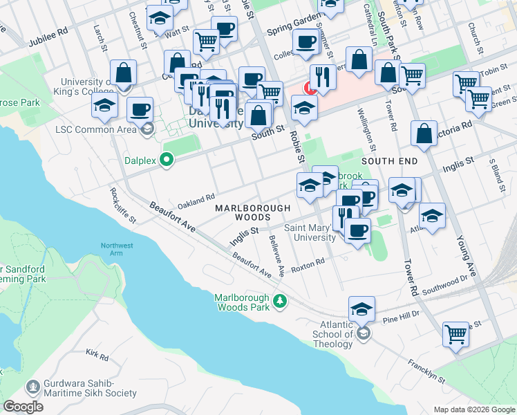 map of restaurants, bars, coffee shops, grocery stores, and more near 1050 Bellevue Avenue in Halifax