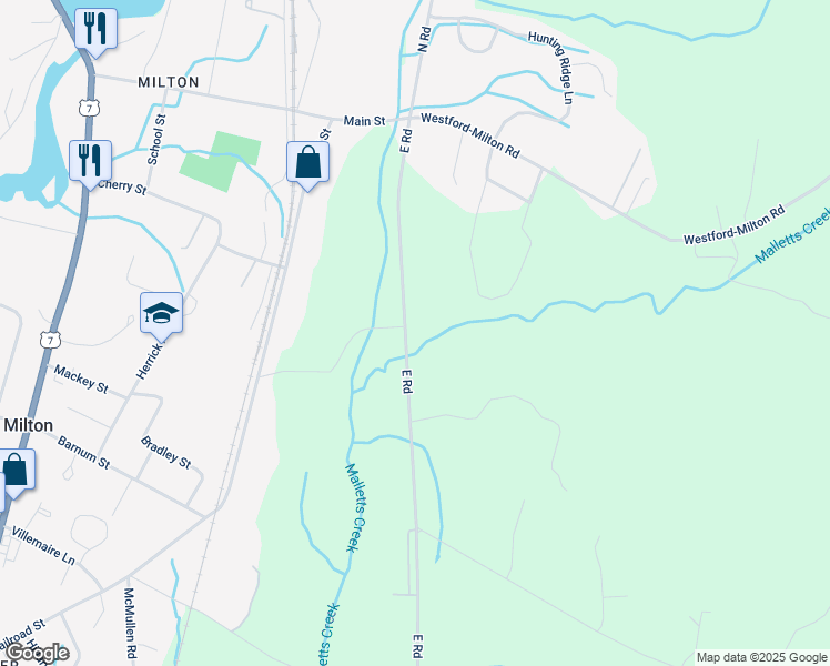 map of restaurants, bars, coffee shops, grocery stores, and more near 94 East Road in Milton