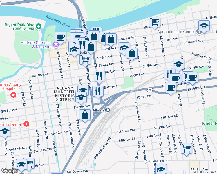 map of restaurants, bars, coffee shops, grocery stores, and more near 208 Southeast 7th Avenue in Albany