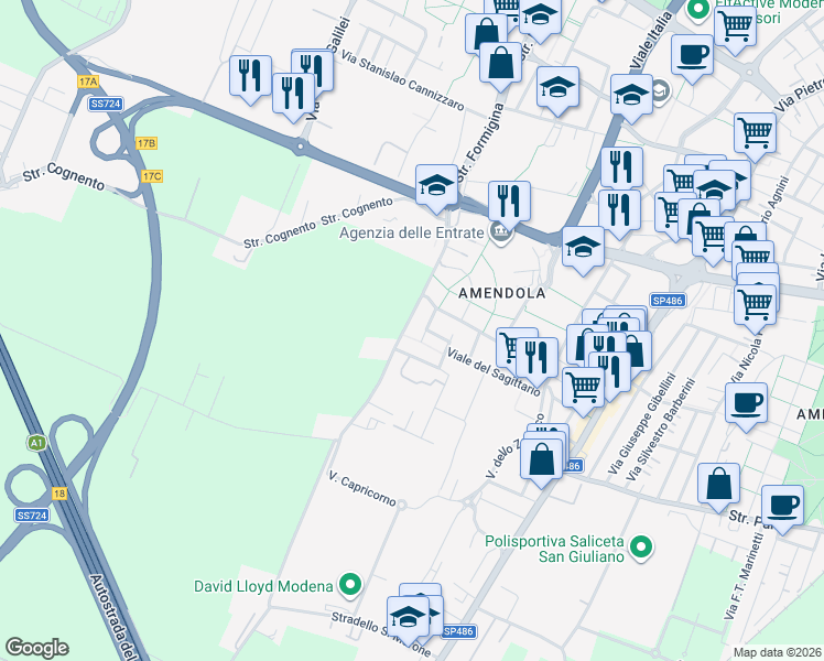 map of restaurants, bars, coffee shops, grocery stores, and more near in Modena