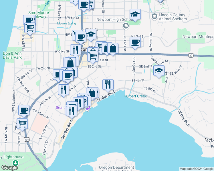 map of restaurants, bars, coffee shops, grocery stores, and more near 377 Southeast Penter Lane in Newport