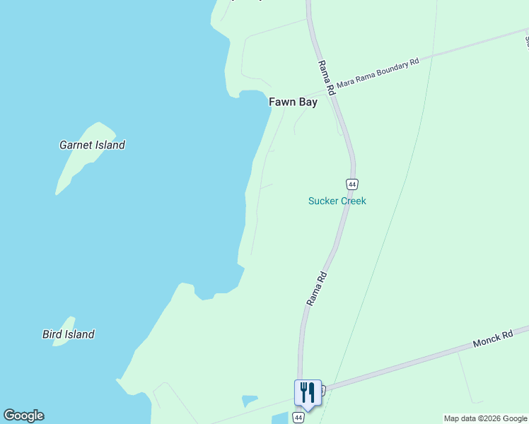 map of restaurants, bars, coffee shops, grocery stores, and more near 5442 Fawn Bay Road in Orillia
