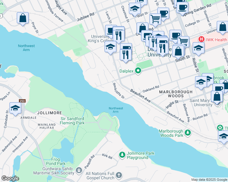 map of restaurants, bars, coffee shops, grocery stores, and more near 1160 Rockcliffe Street in Halifax