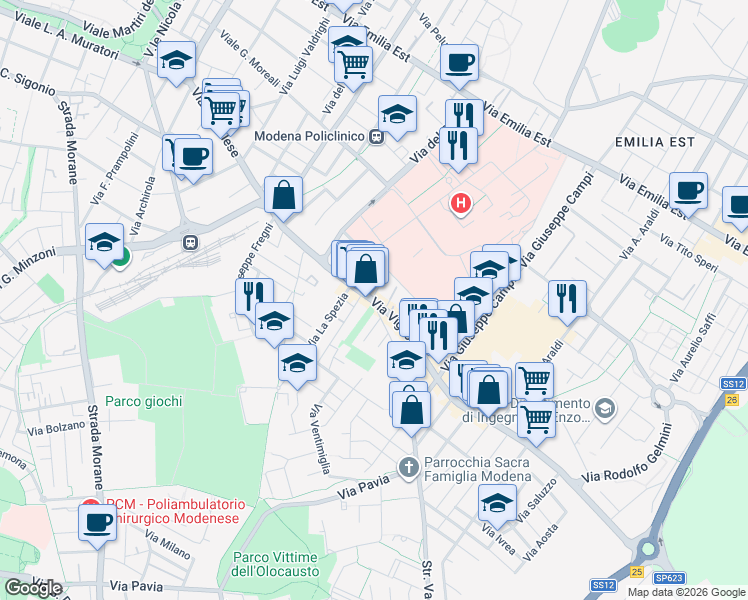 map of restaurants, bars, coffee shops, grocery stores, and more near 526 Via Vignolese in Modena