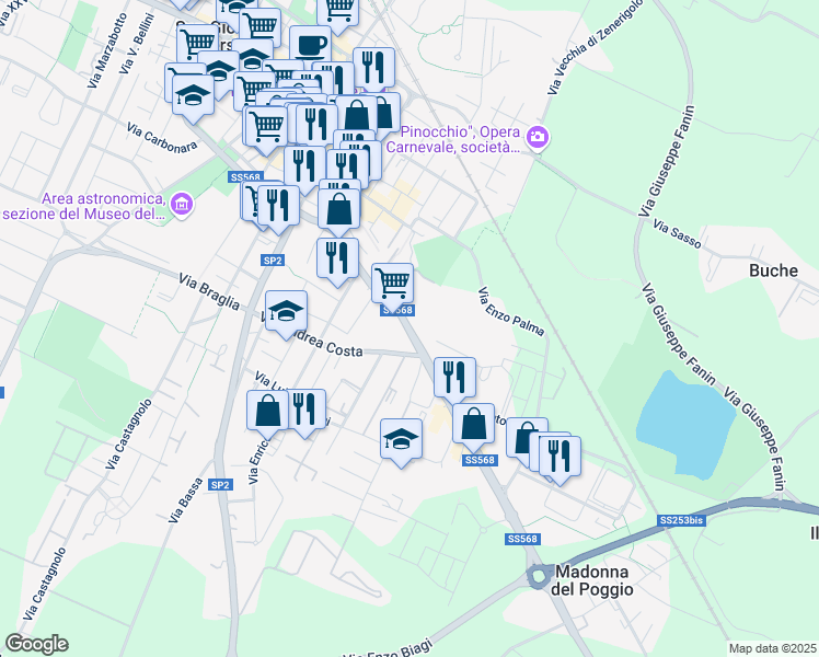 map of restaurants, bars, coffee shops, grocery stores, and more near Via Bologna in San Giovanni in Persiceto