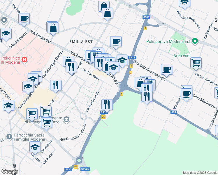 map of restaurants, bars, coffee shops, grocery stores, and more near 10 Via Vittoria Nenni in Modena