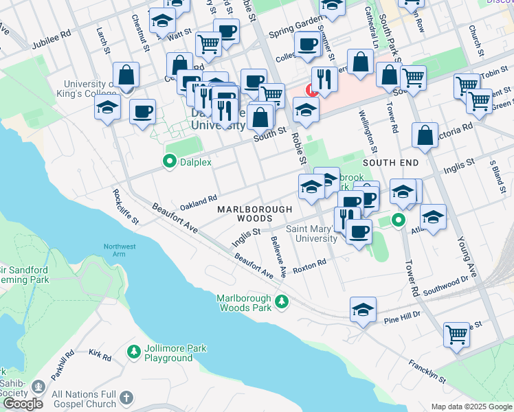 map of restaurants, bars, coffee shops, grocery stores, and more near 6128 Regina Terrace in Halifax