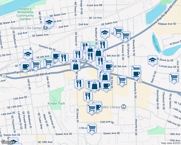 map of restaurants, bars, coffee shops, grocery stores, and more near 2000 Santiam Highway Southeast in Albany