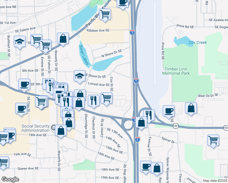 map of restaurants, bars, coffee shops, grocery stores, and more near 905 Cox Street Southeast in Albany